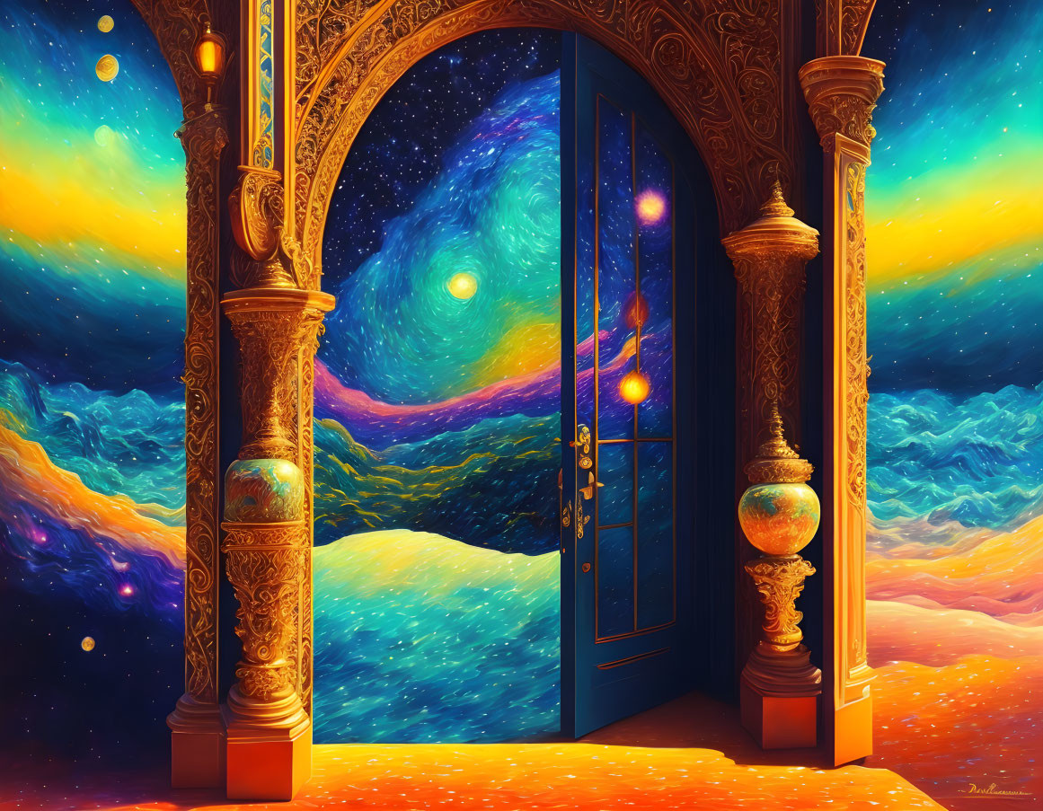 Ornate door showcasing vibrant cosmic landscape