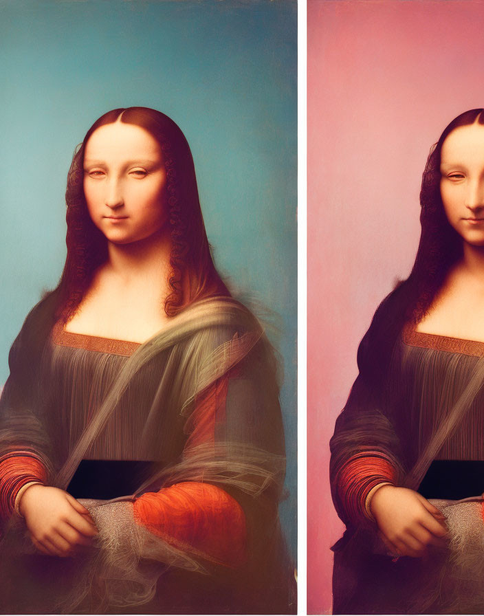 Dual-toned Mona Lisa paintings: blue vs. pink variations