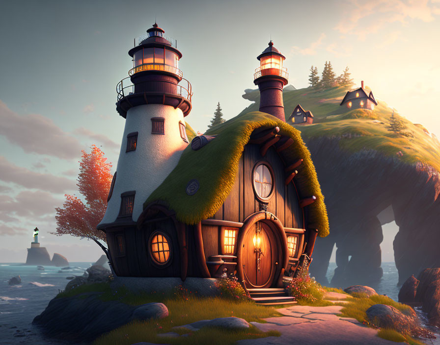 Whimsical digital artwork of cozy hill-shaped house by sea at sunset