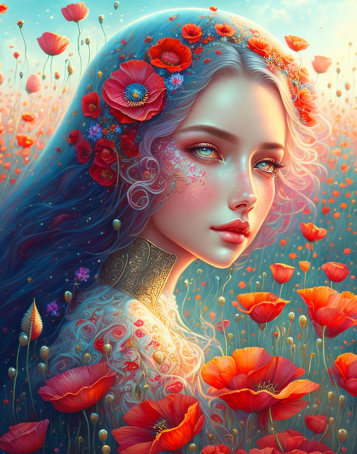 Digital artwork: Woman with blue hair, red poppies, tattoos, dreamy gaze in poppy