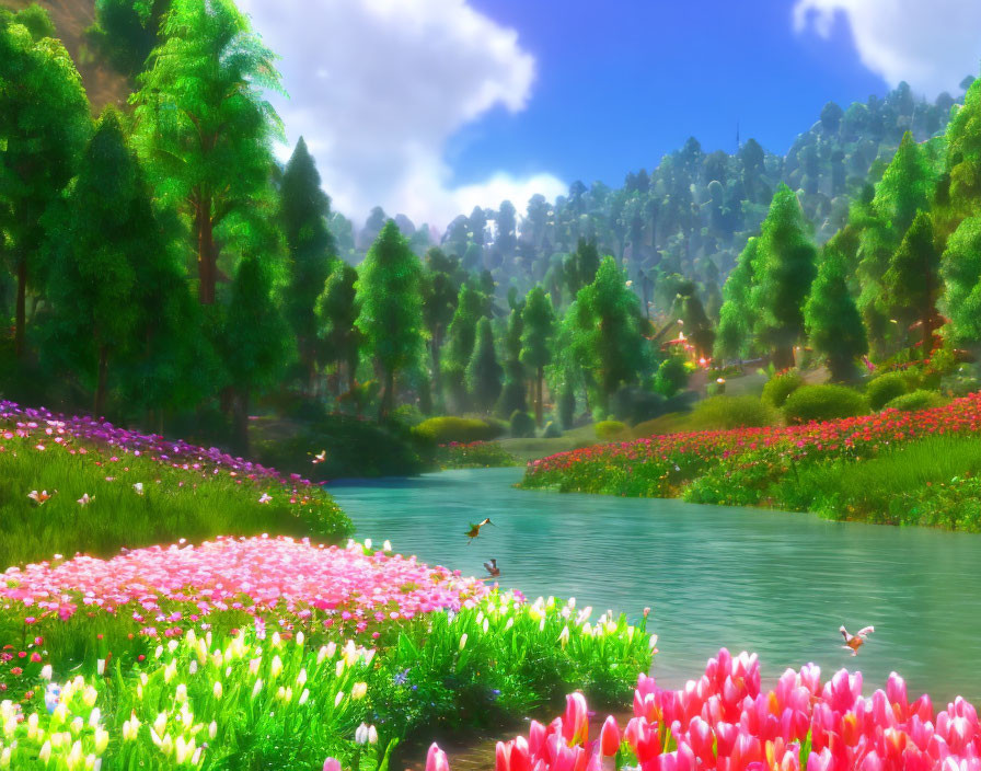 Fantastical landscape with lush green trees, serene river, colorful flowers, and blue skies.