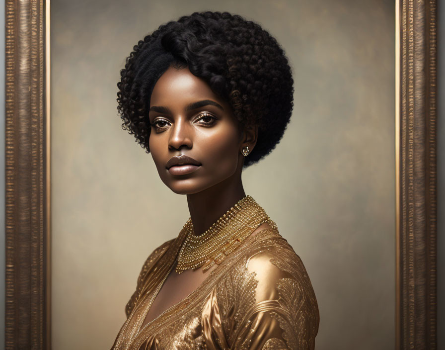 Portrait of Woman with Afro in Gold Dress and Jewelry