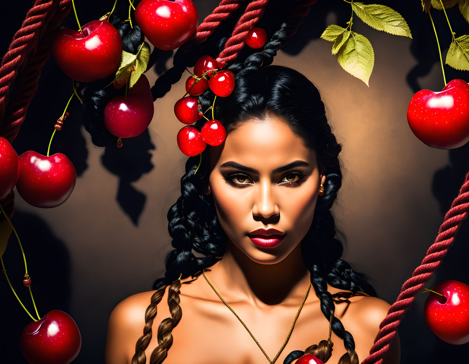 Braided hair woman with cherries and ropes on dark background