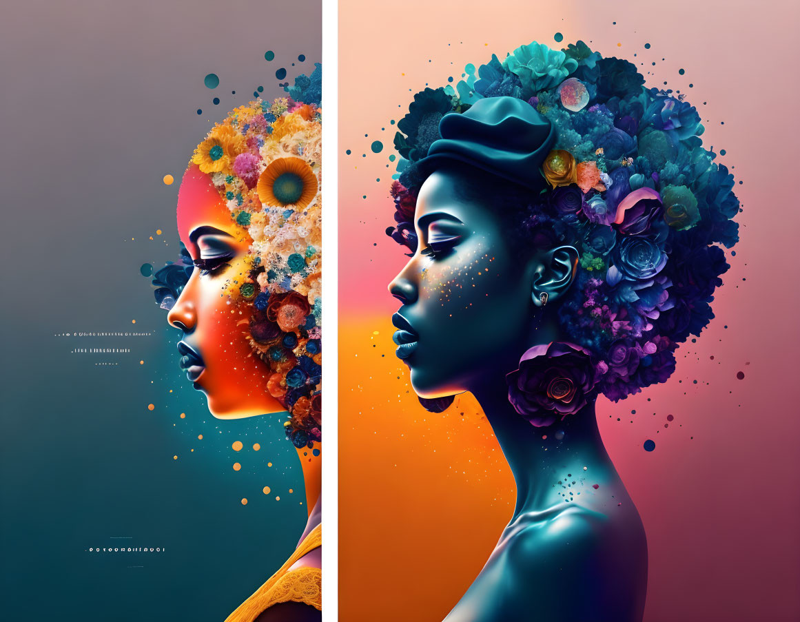 Dual women profiles in cosmic-floral digital art.