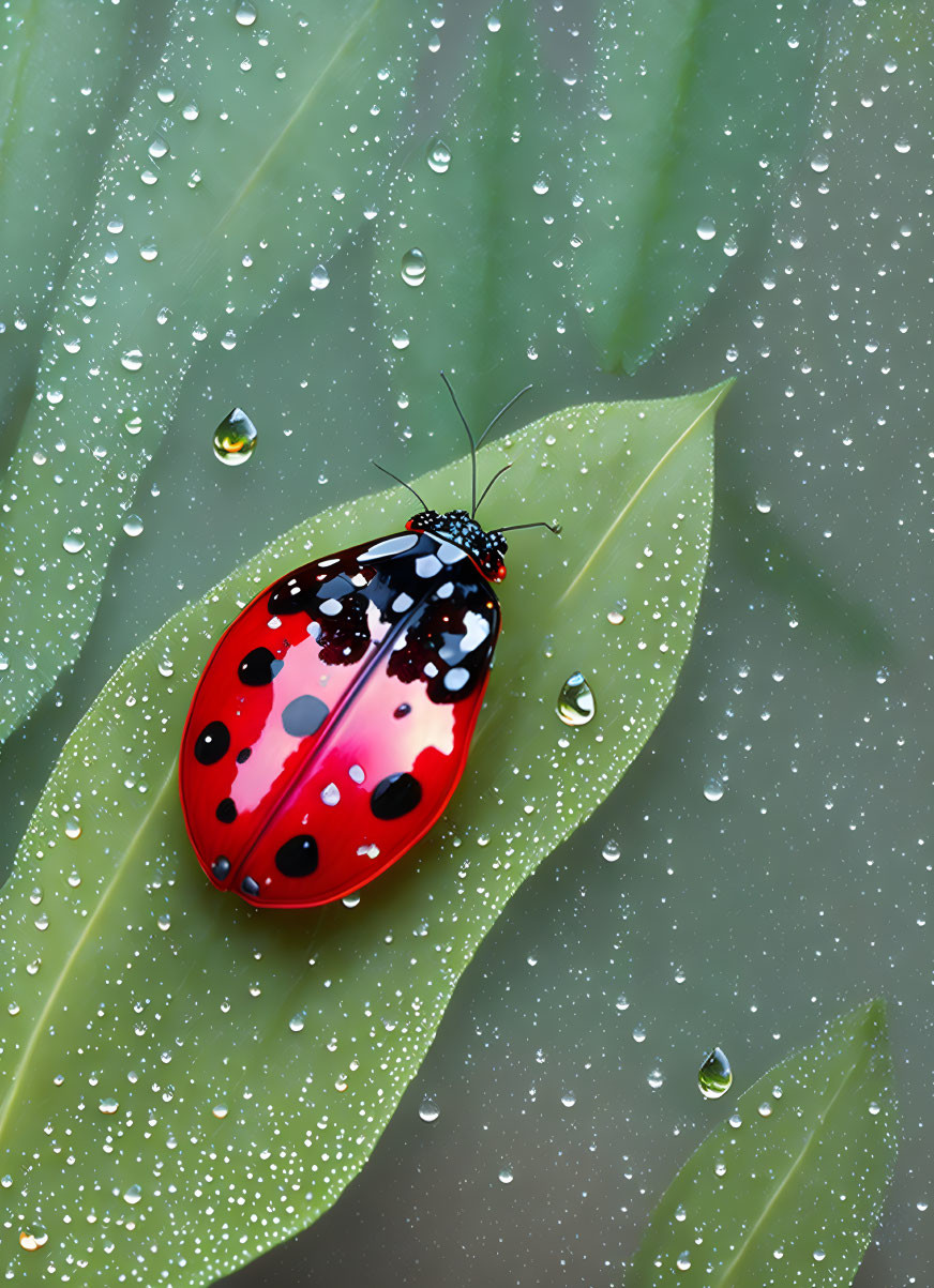 Red Ladybug with Black Spots on Green Leaf with Water Droplets