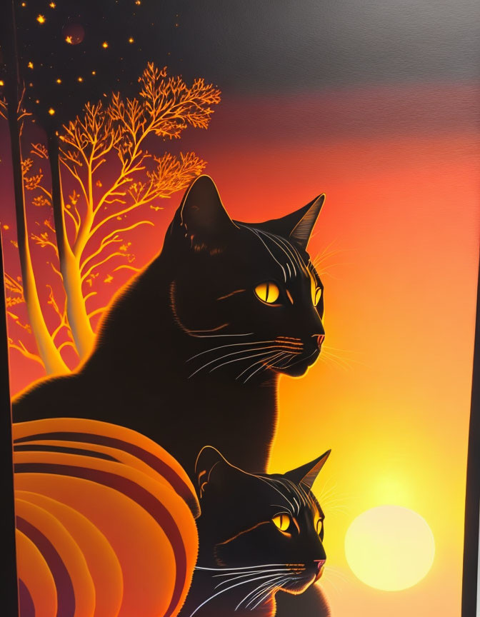 Illustration of two black cats against sunset with trees and sun