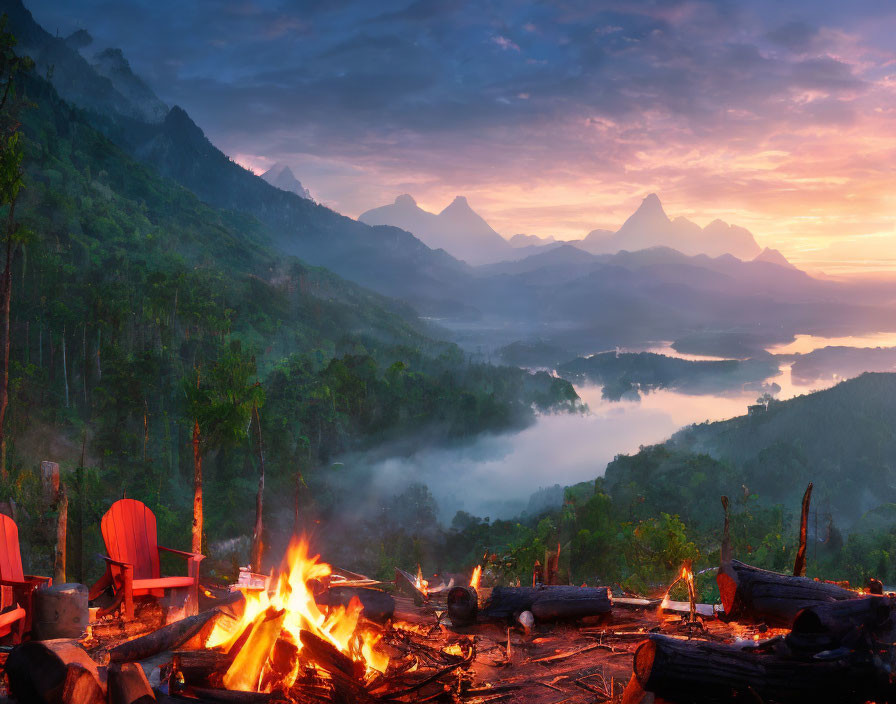 Mountainous landscape at twilight with glowing campfire, misty lake, and majestic sky