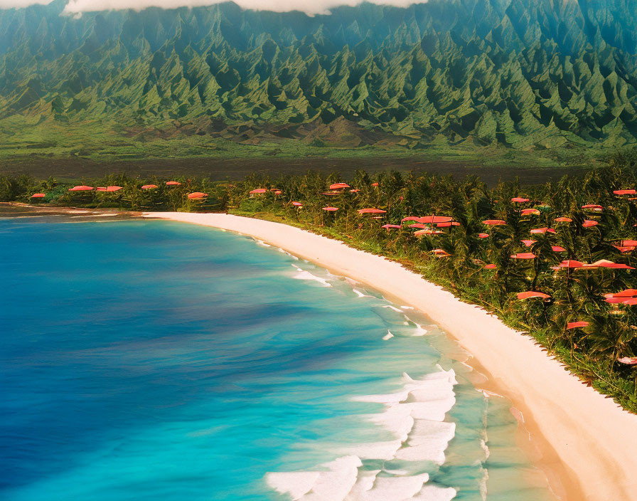 Tranquil beach scene with turquoise waters, red umbrellas, and lush green mountain backdrop.