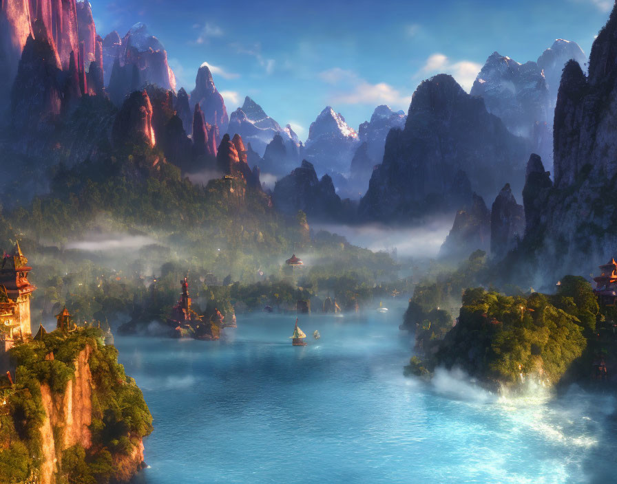 Mystical landscape: towering mountains, serene lake, traditional buildings, mist, warm sunrise or sunset