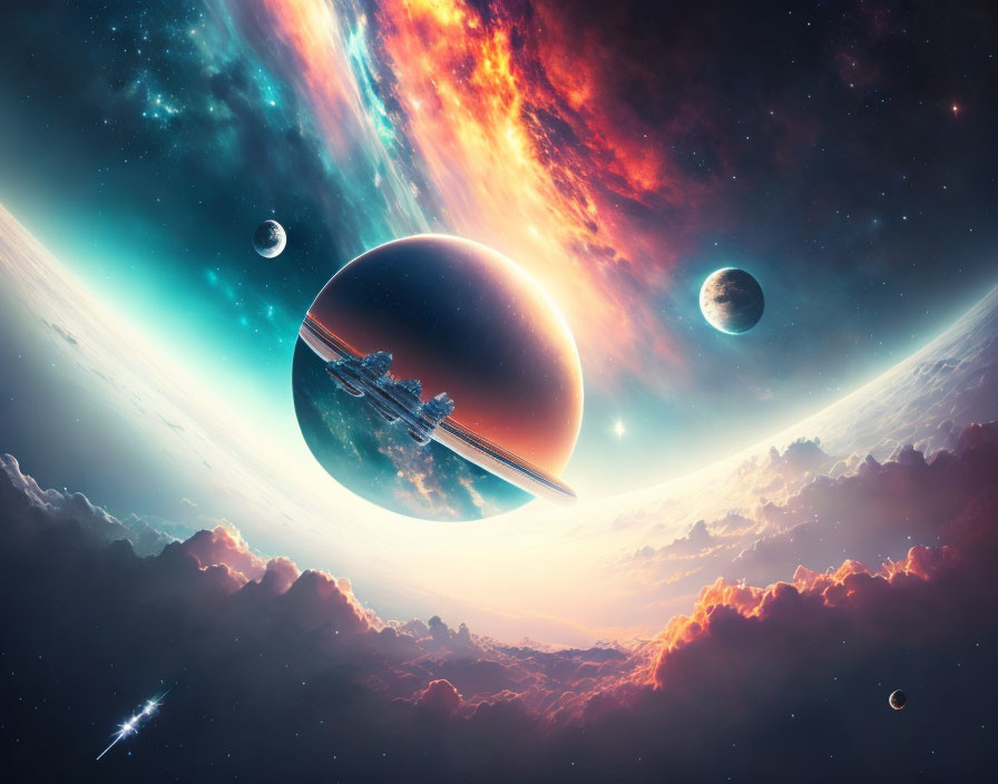 Large Reflective Planet Surrounded by Celestial Bodies in Vibrant Space Scene