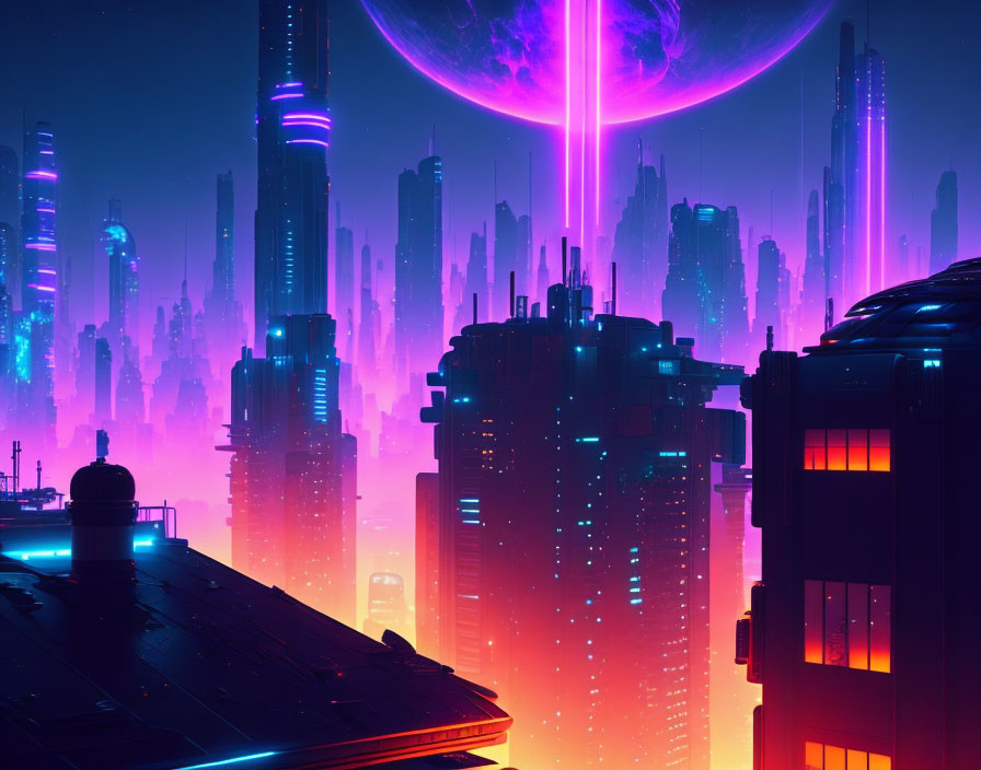 Futuristic neon-lit cityscape with skyscrapers under purple planet