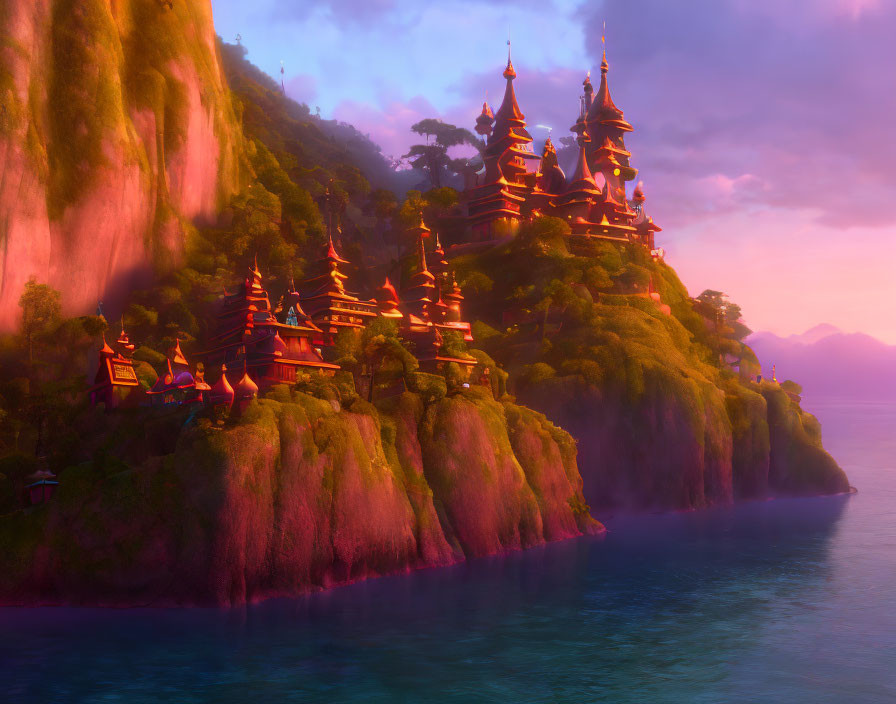 Fantasy landscape with ornate temples on pink cliffs by calm ocean at sunset