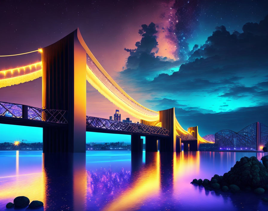 Nighttime suspension bridge over calm water with starry sky and glowing reflections