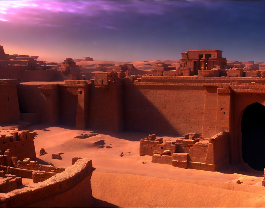 Twilight desert cityscape with towering walls and ancient structures