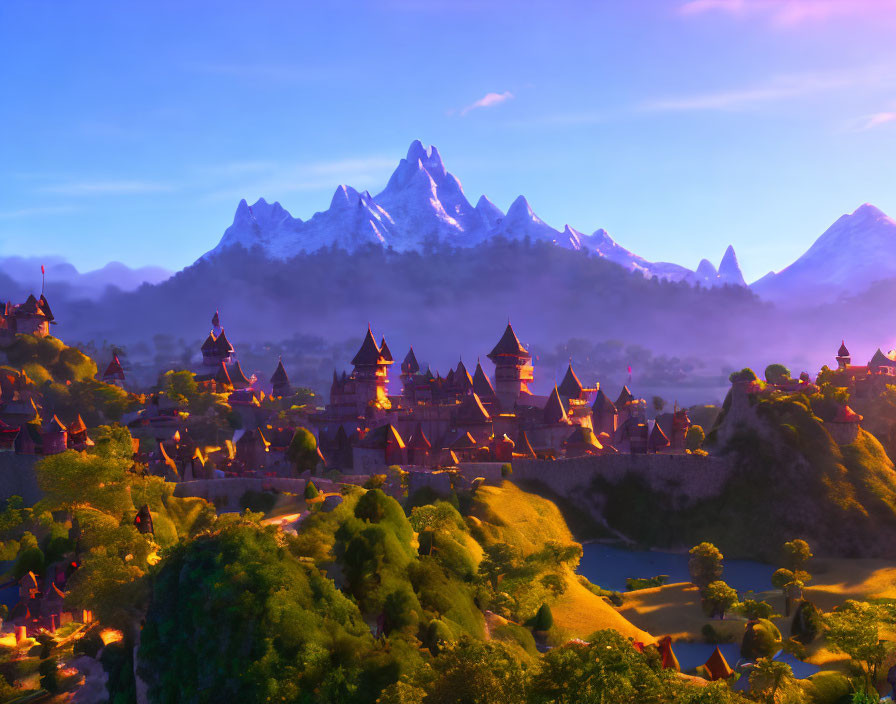 Fantasy landscape at sunrise with illuminated castles, rolling hills, and striking mountains.