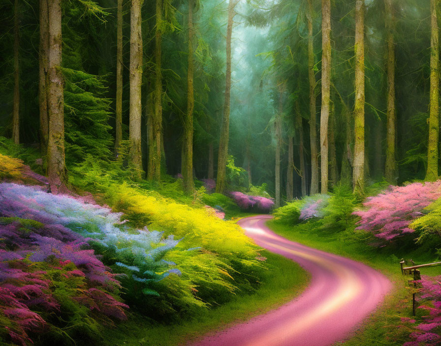 Colorful forest path with mist and tall trees