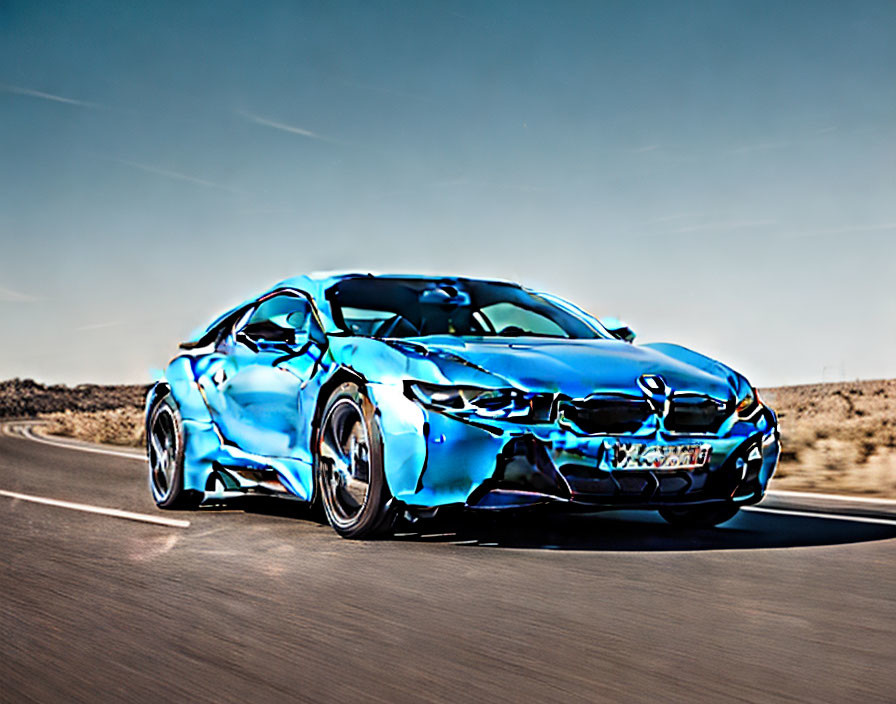 Blue sports car driving on asphalt road under clear sky