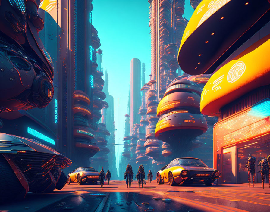 Futuristic cityscape with skyscrapers, neon signs, flying cars, and pedestrians under orange