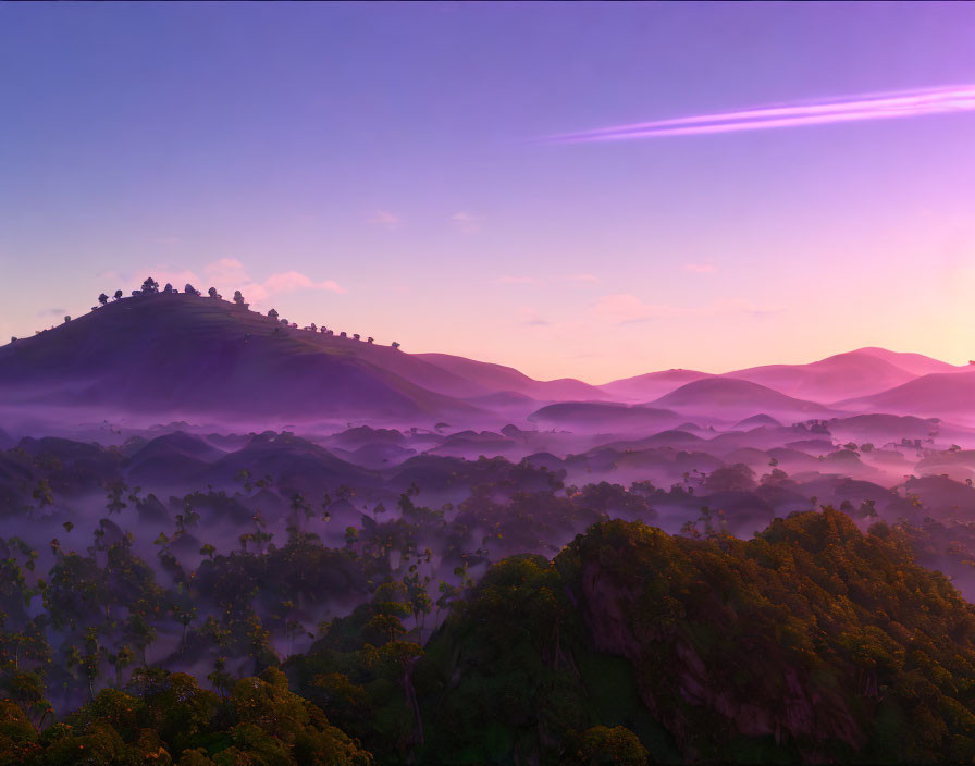 Tranquil sunrise landscape: purple and pink skies, misty hills, lush forest.