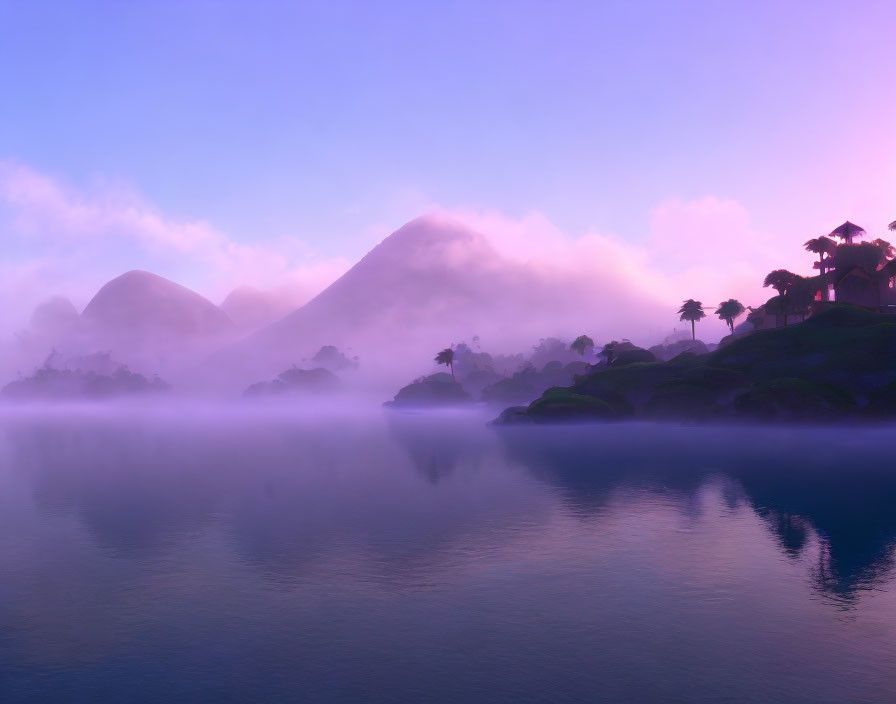 Tranquil landscape: misty lake, purple skies, mountain silhouettes