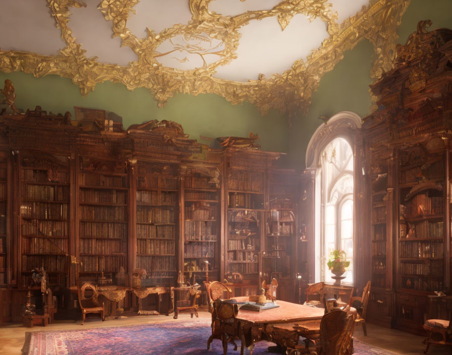 Ornate library with wooden bookshelves and grand ceiling