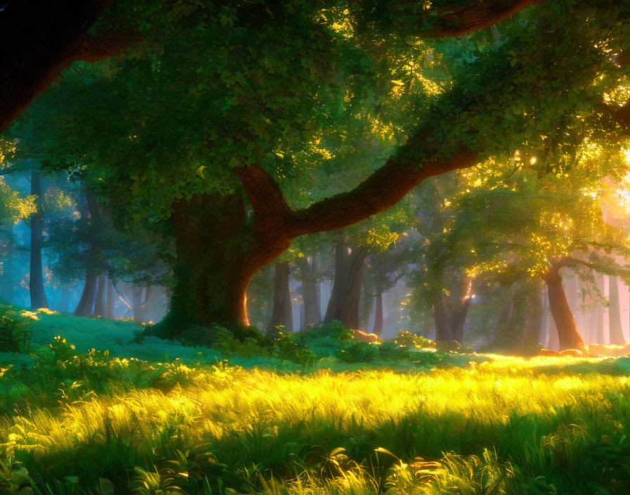 Enchanted forest with sunlight filtering through ancient trees