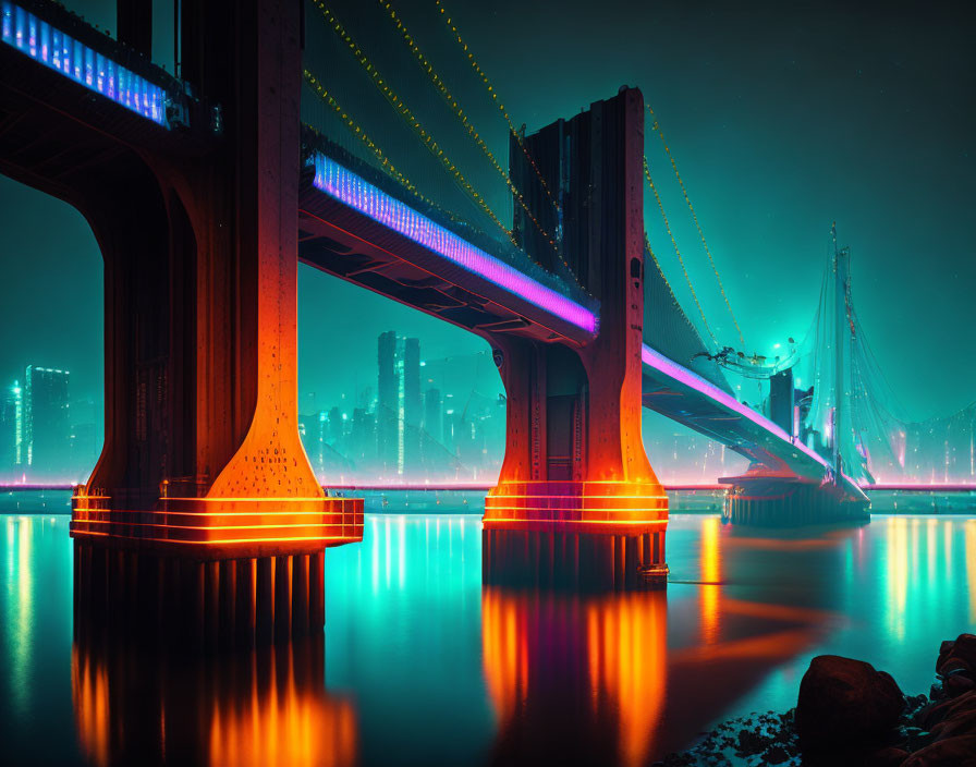 Neon-lit futuristic cityscape with illuminated bridges and vibrant colors