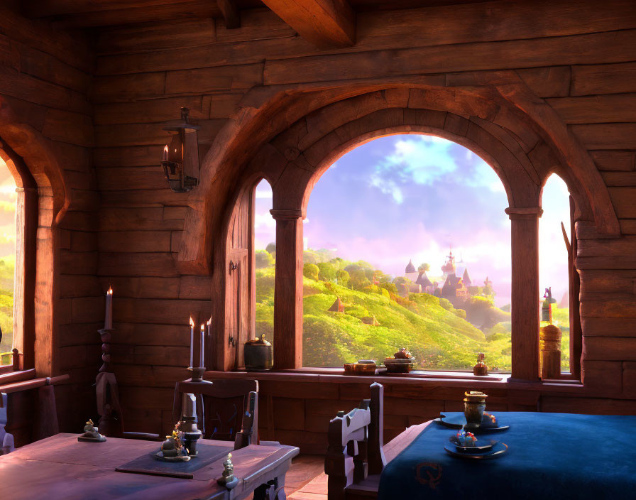 Cozy interior view with arched windows overlooking lush green landscape at sunrise or sunset