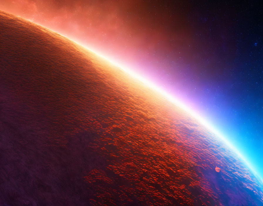 Alien planet horizon with radiant sunlight and reddish landscape