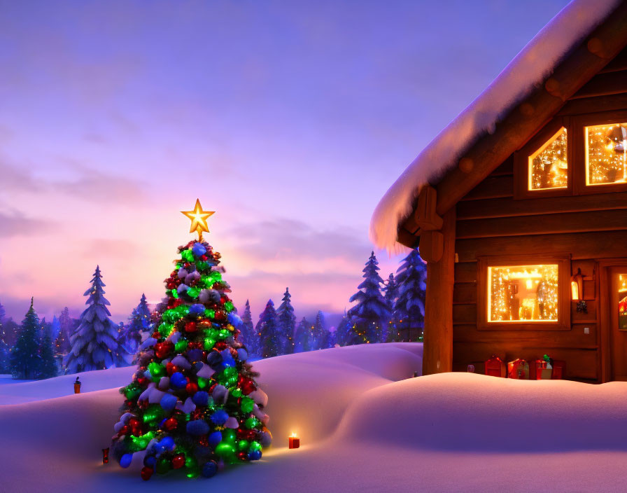 Festively decorated Christmas tree outside snowy log cabin at twilight