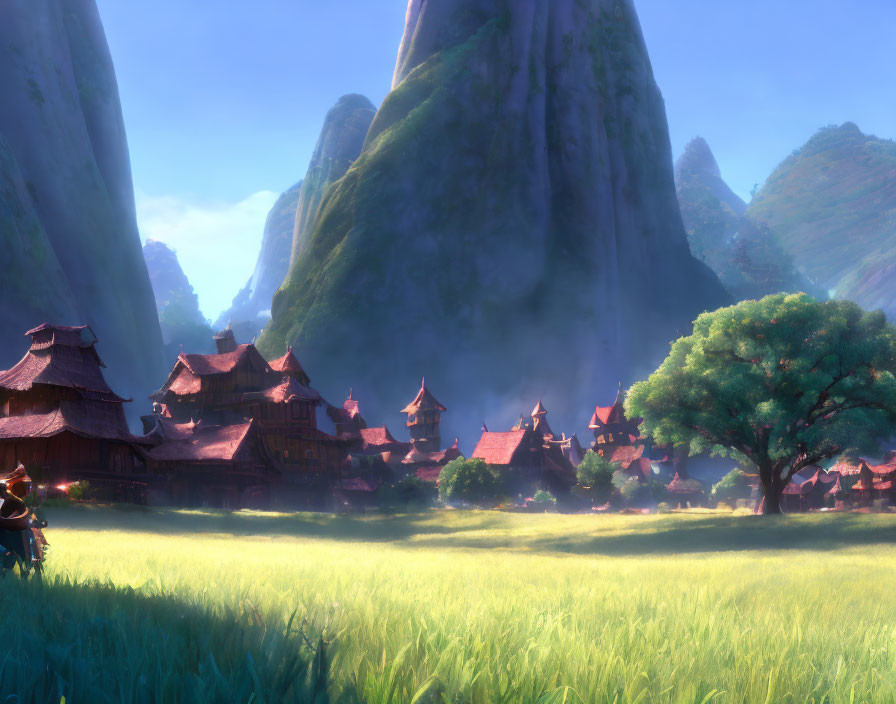 Tranquil fantasy village nestled between green cliffs