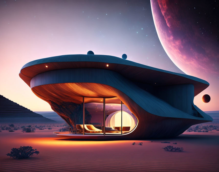 Futuristic desert house under twilight sky with large planet and moons.