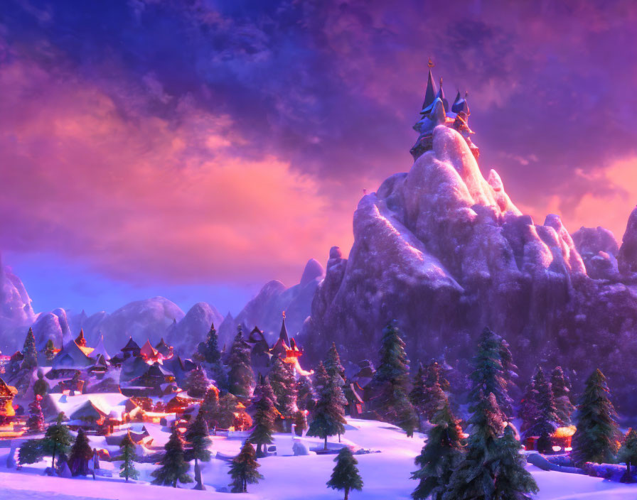 Snow-covered village nestled under twilight sky with castle atop mountain