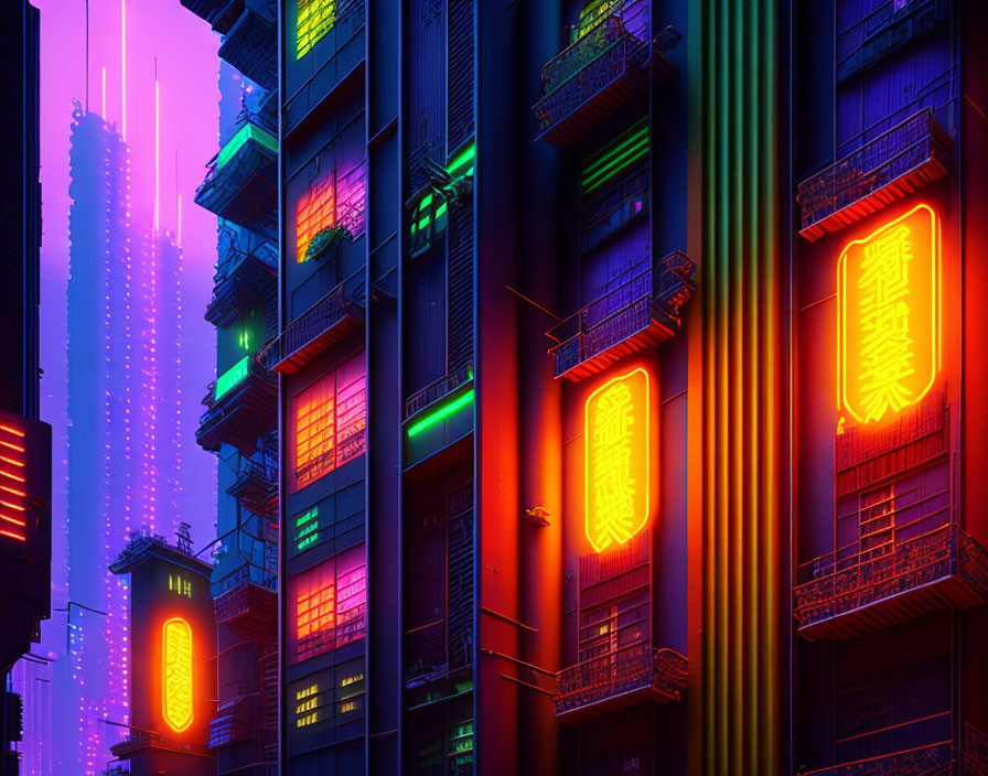 Futuristic cityscape with vibrant neon signs at night