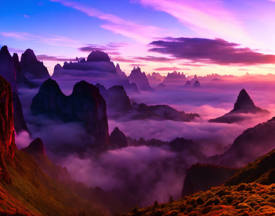 Scenic sunrise over purple and pink mountain range with misty valleys