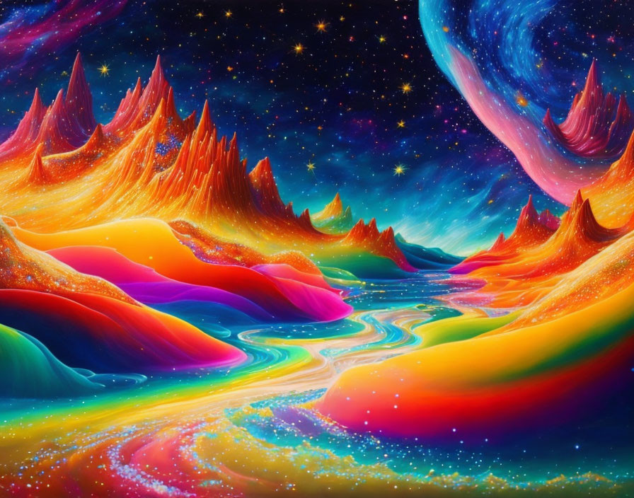 Colorful Psychedelic Landscape with Rivers and Mountains