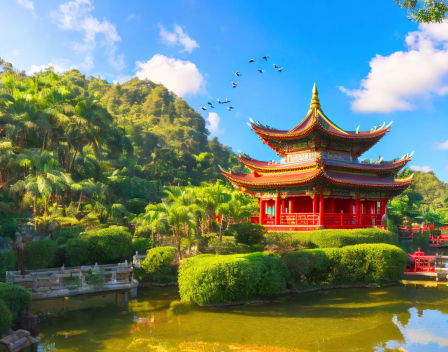 Traditional red pagoda surrounded by lush greenery and pond with birds.