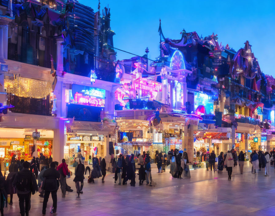 Vibrant shopping street at twilight with neon lights and festive decorations