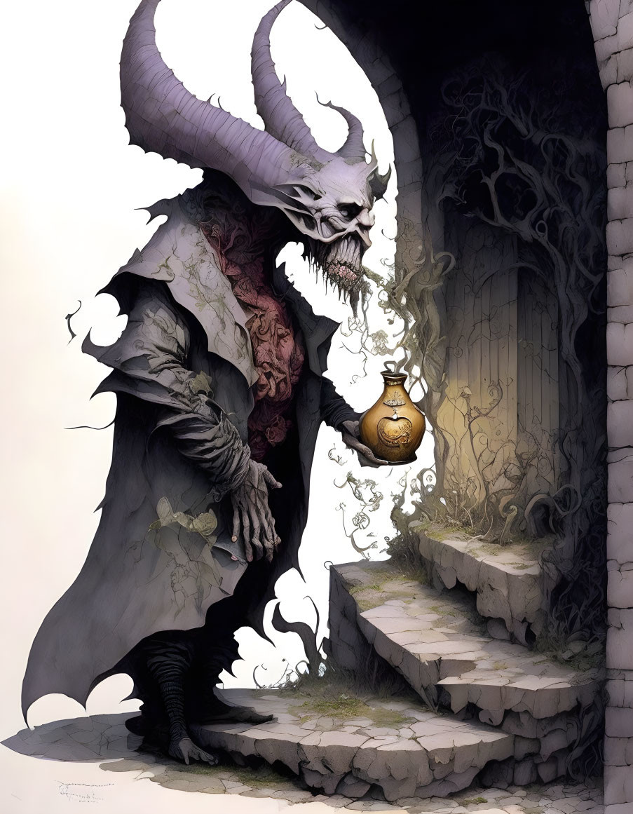 Fantasy creature with horns and skeletal face holding potion by arched doorway