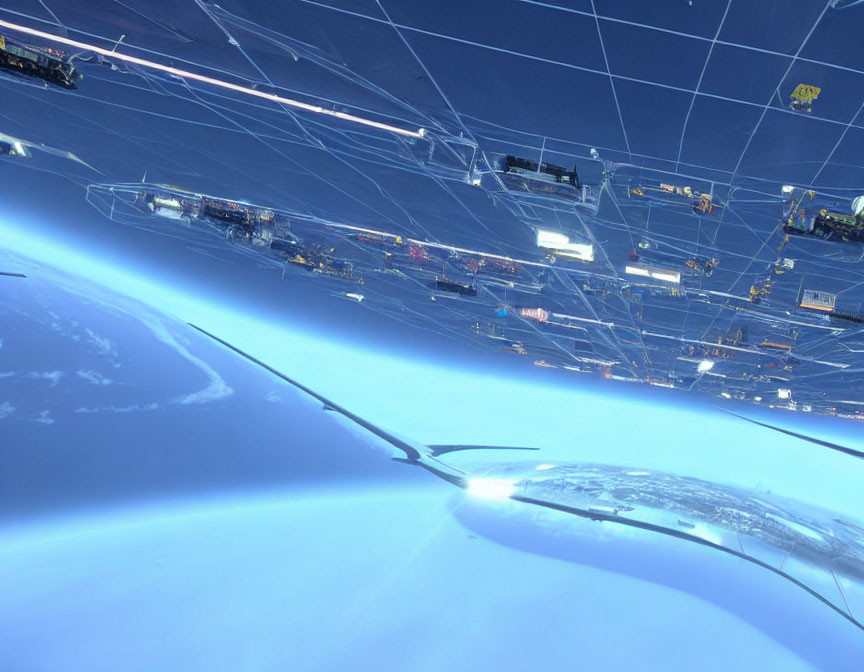 Sleek aircraft flying over futuristic planet with floating structures