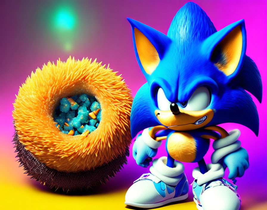 Blue animated hedgehog with spiky object on vibrant background