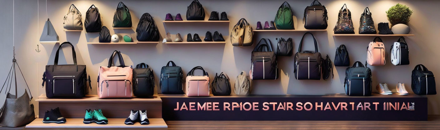 Shelf Display of Bags, Shoes, Decor, and Signboard