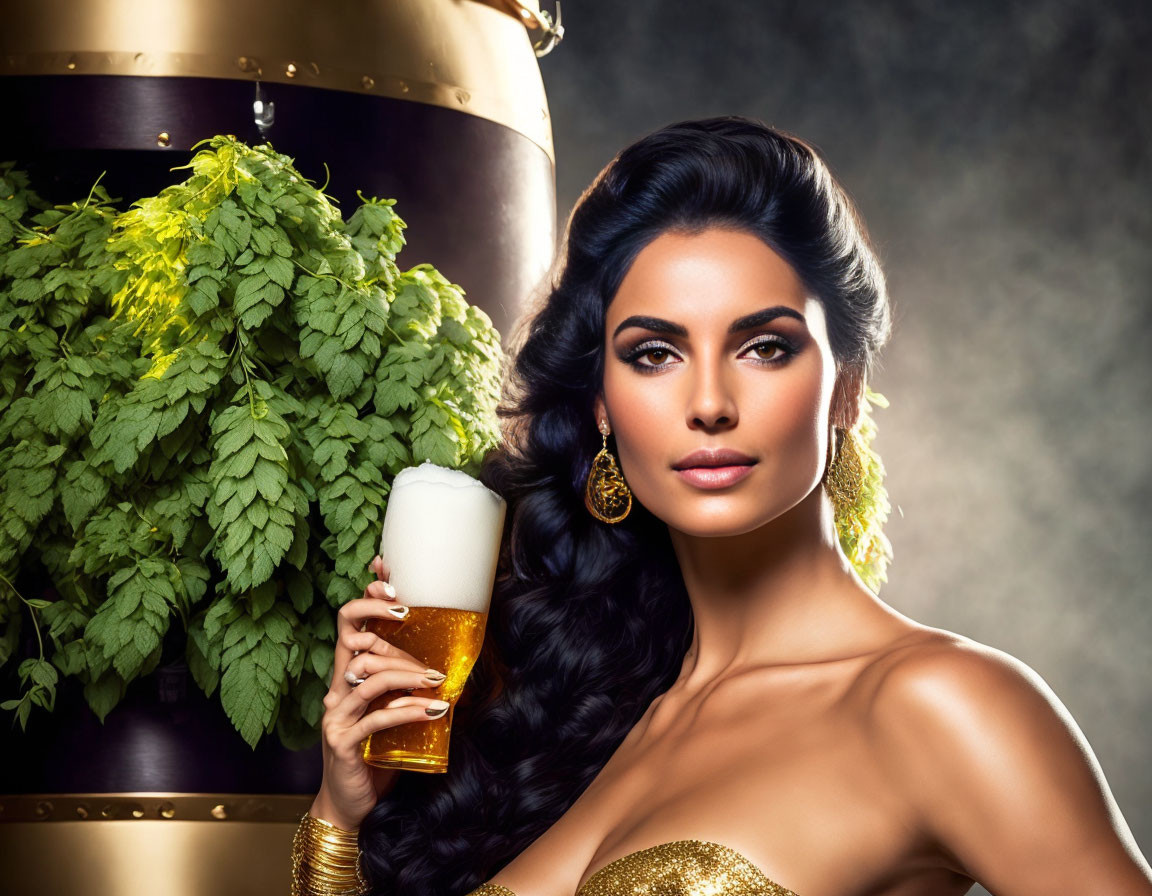 Elegant woman with beer, hops, and barrel in hazy background