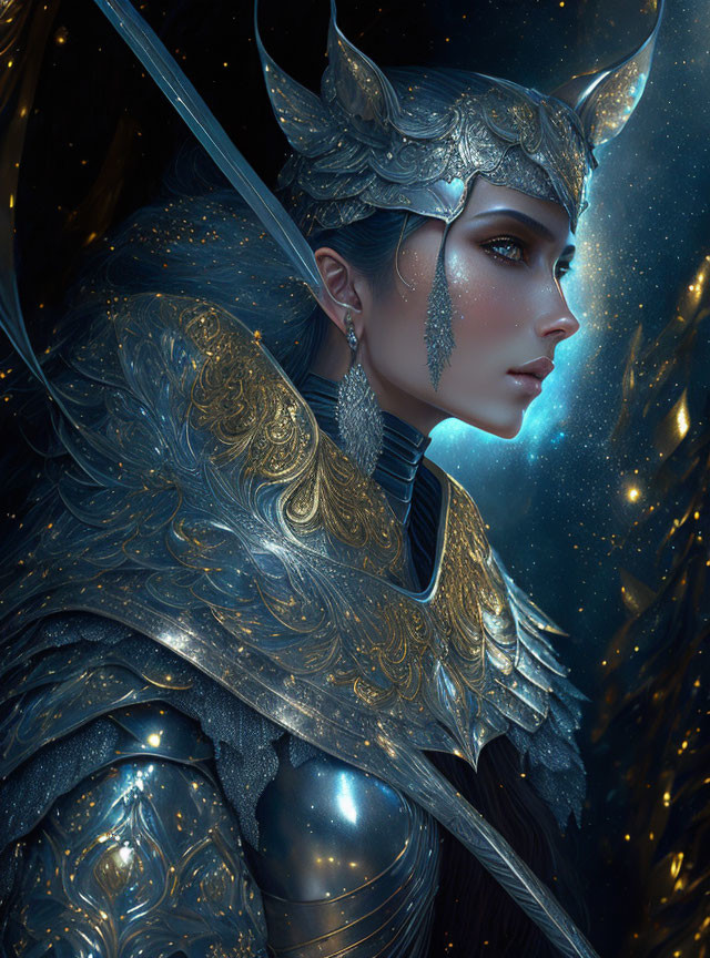 Detailed Female Warrior Digital Artwork with Silver Armor and Winged Helmet on Starry Night Background