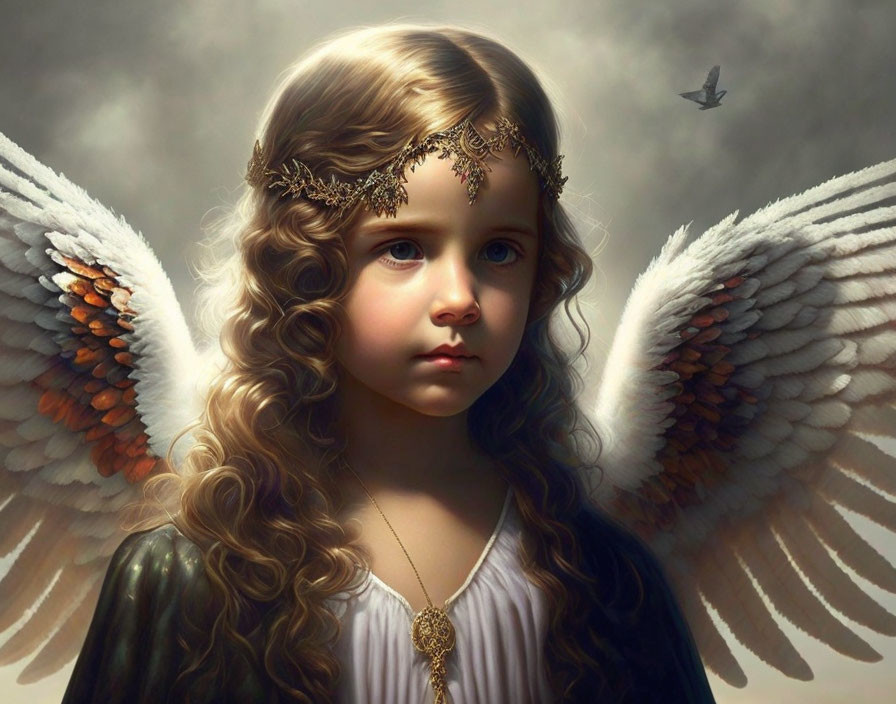 Digital artwork: Girl with angel wings and gold headpiece under cloudy sky.