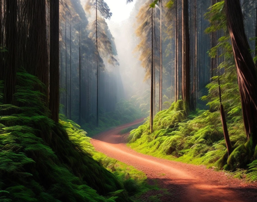 Tranquil forest path with tall trees and vibrant green moss