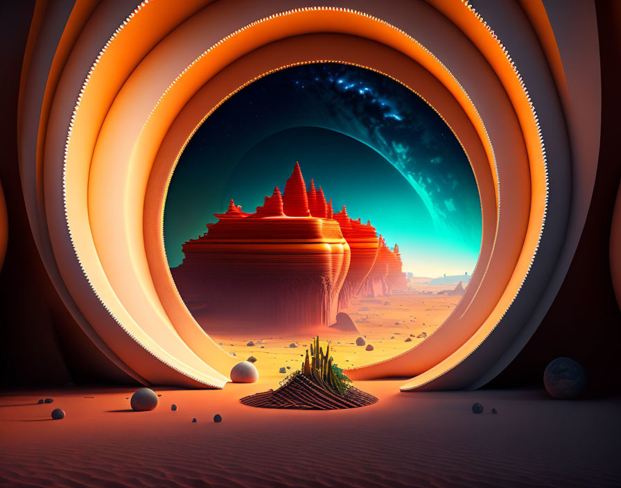 Surreal desert landscape with circular portals and glowing mountain