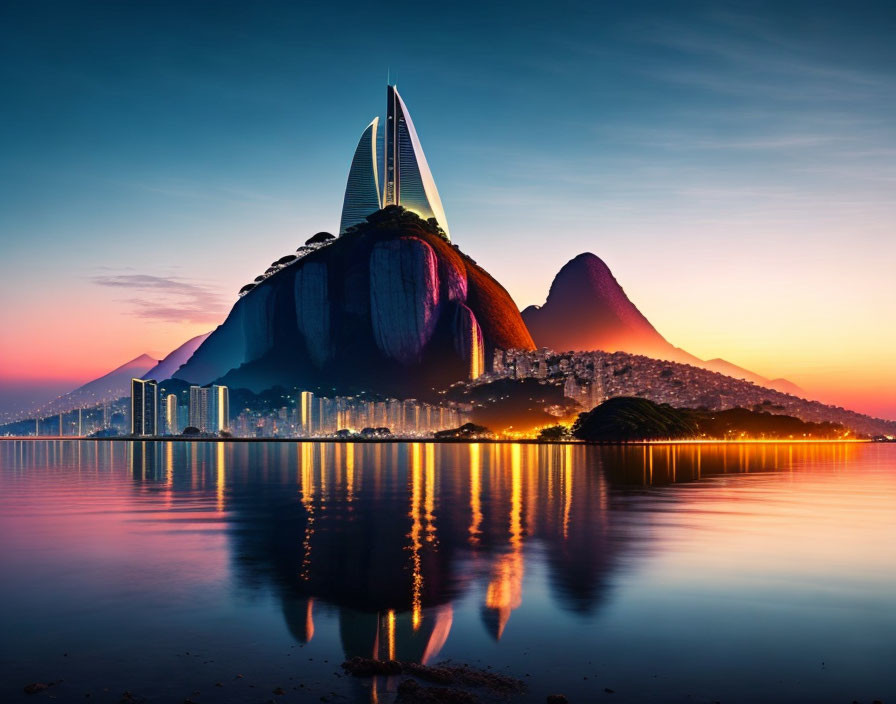 Scenic sunset over coastal cityscape and futuristic skyscraper.