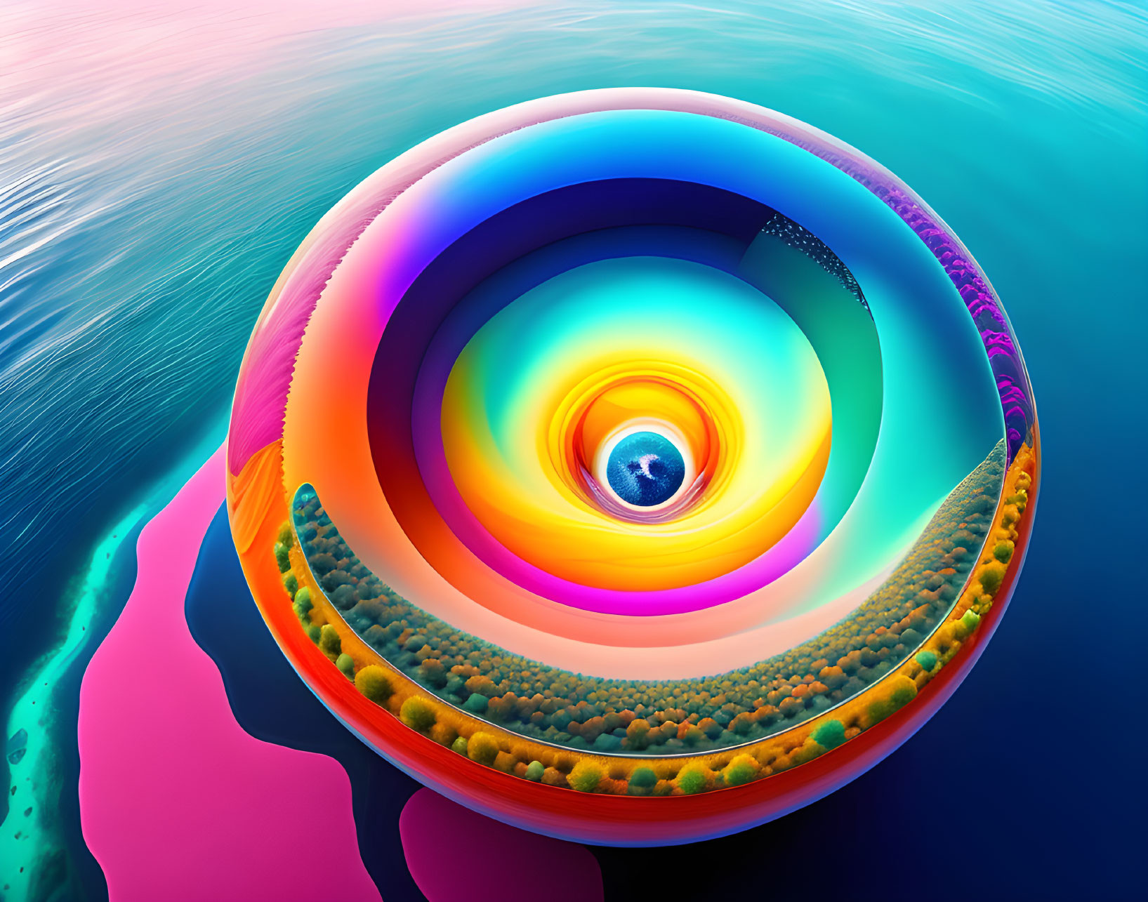 Colorful Swirling Spiral Artwork Reflecting on Water Surface