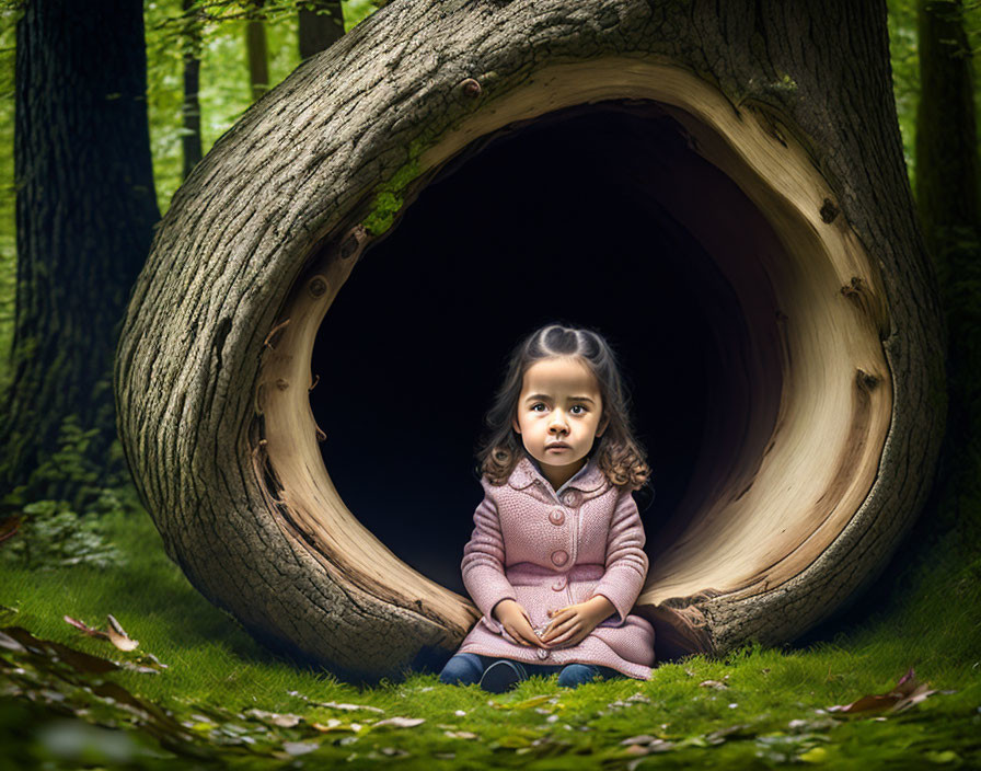 Child sitting in tree hollow in lush forest with soft light.